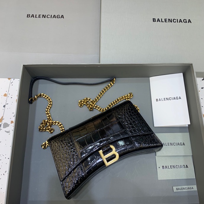 Balenciaga Big Hourglass Wallet With Chain Crocodile Embossed Shoulder Bag Black